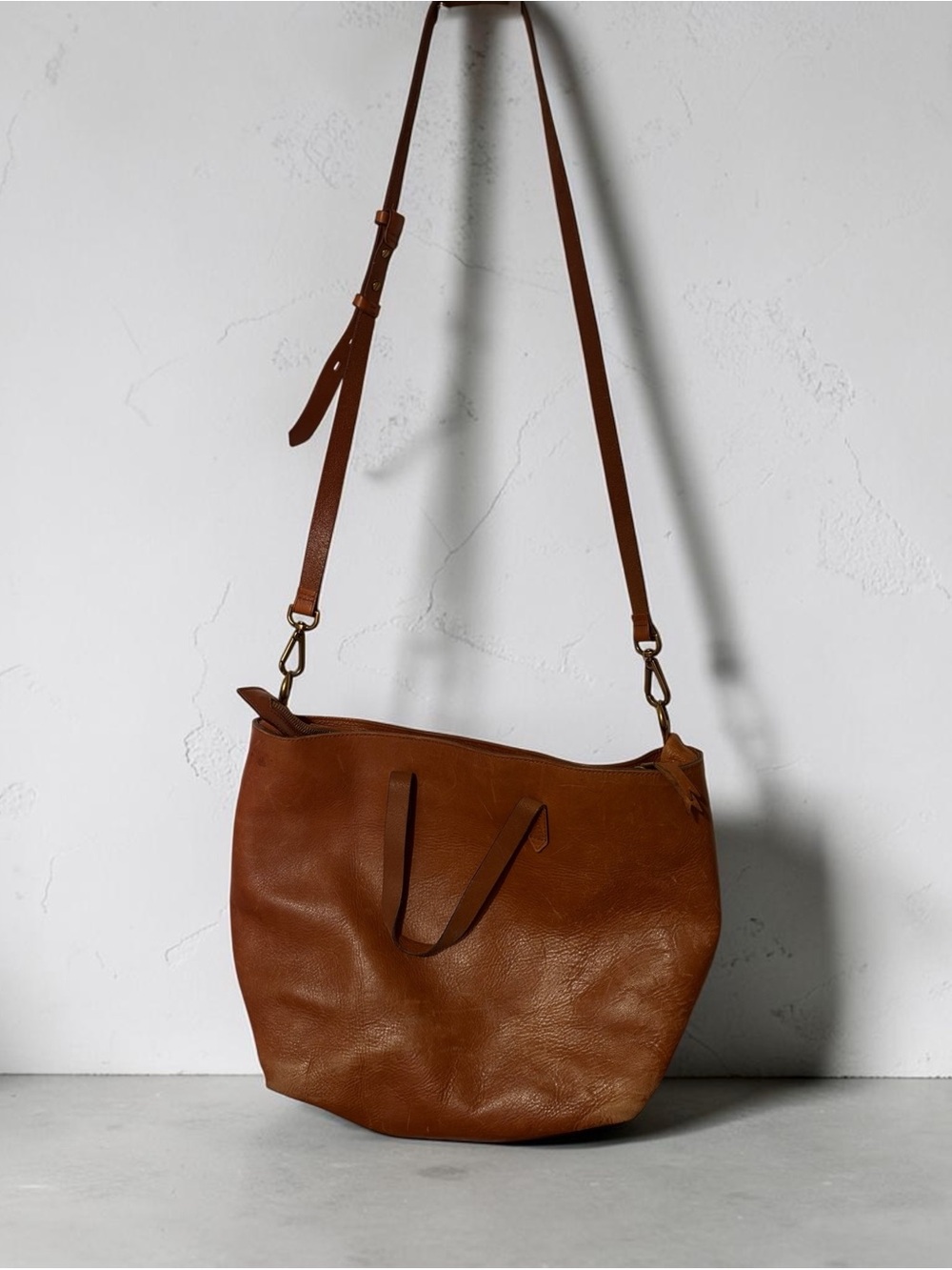 Madewell Genuin Leather Canvas Lined Convertible Tote Bag in Cognac